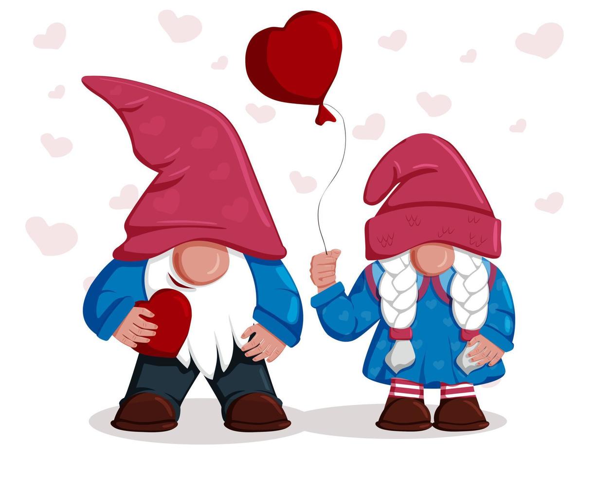 paar van tuin kabouters in liefde. schattig gnoom jongen en gnoom meisje met rood harten Aan de wit achtergrond. vector geïsoleerd tekenfilm vlak karakter
