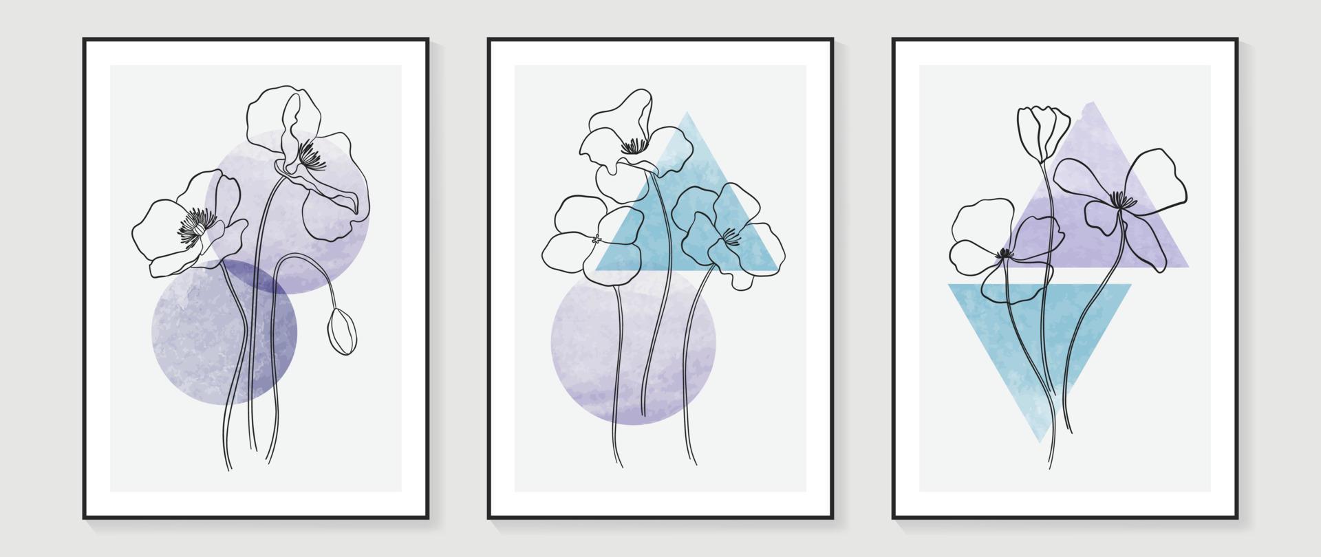 abstract bloemen en botanisch waterverf muur kunst vector set. botanisch bloem lijn kunst met driehoek en cirkel vorm achtergrond. minimaal ontwerp voor huis decor, interieur, poster, omslag, spandoek.