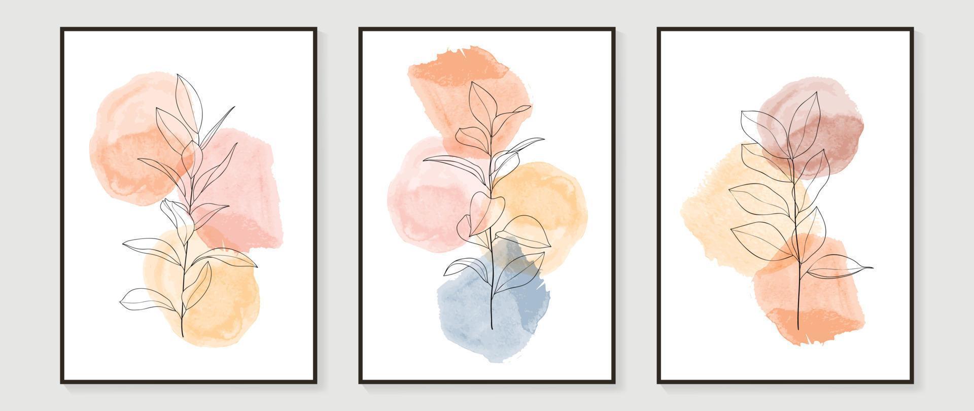 abstract bloemen en botanisch waterverf muur kunst vector set. blad Afdeling in lijn kunst met biologisch vormen, aarde toon kleuren. minimaal natuur ontwerp voor huis decor, interieur, poster, omslag, spandoek.