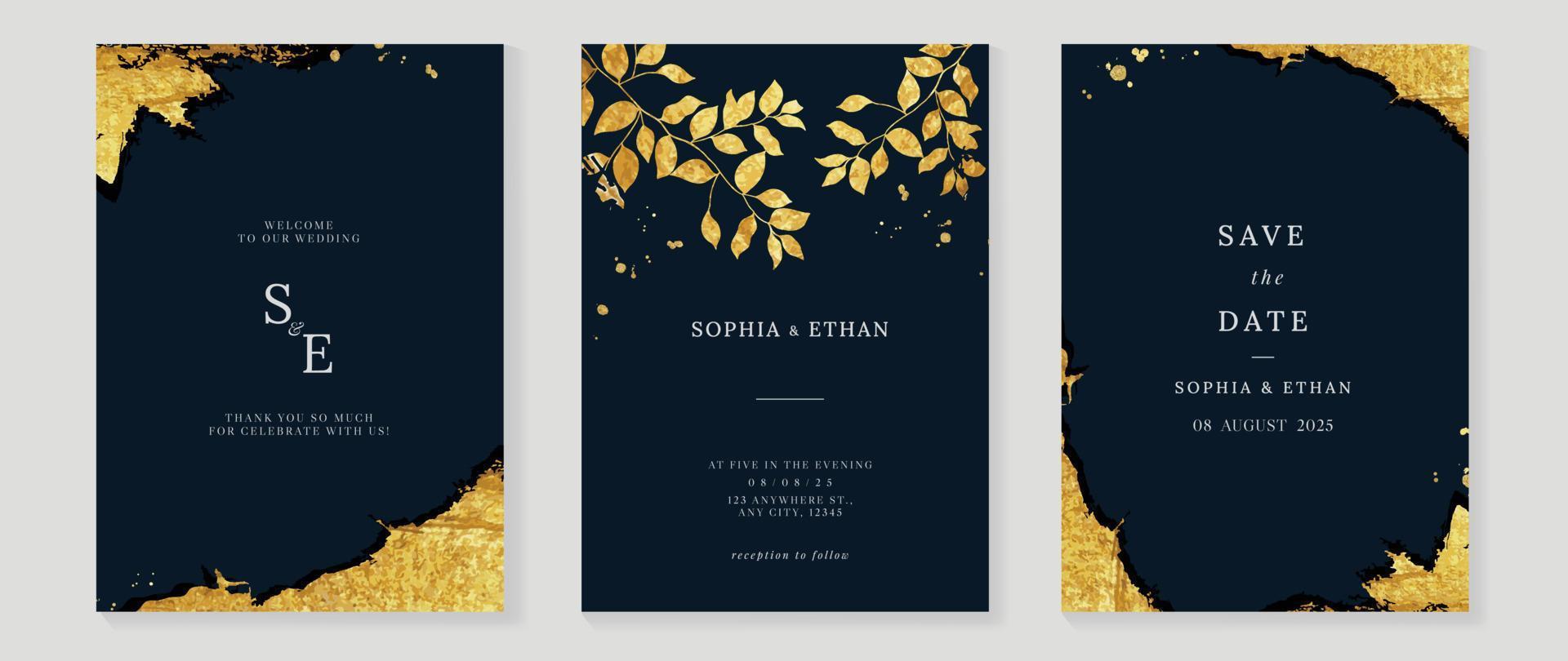 luxe bruiloft uitnodiging kaart achtergrond vector. elegant goud botanisch blad Afdeling en gouden borstel verf hoek sjabloon achtergrond. ontwerp illustratie voor bruiloft en vip Hoes sjabloon, spandoek. vector