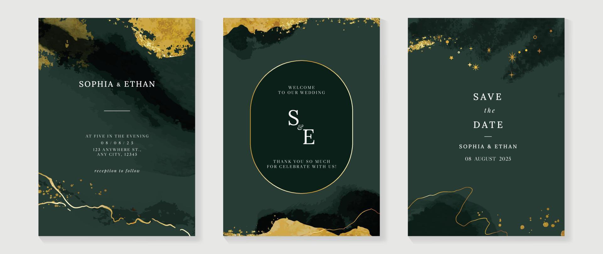 luxe bruiloft uitnodiging kaart achtergrond vector. elegant gouden streep, borstel verf Aan donker groen waterverf structuur achtergrond. ontwerp illustratie voor bruiloft en vip Hoes sjabloon, spandoek. vector