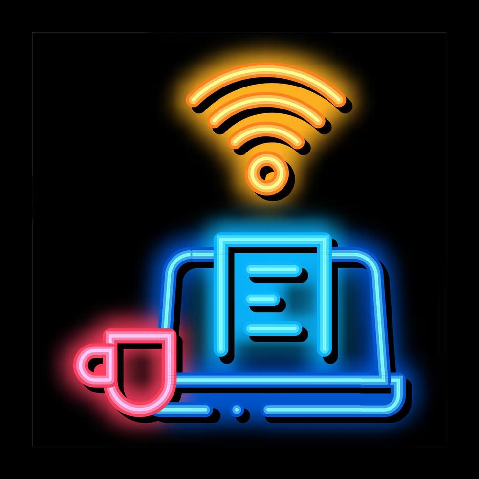 afgelegen werk laptop en drinken kop neon gloed icoon illustratie vector