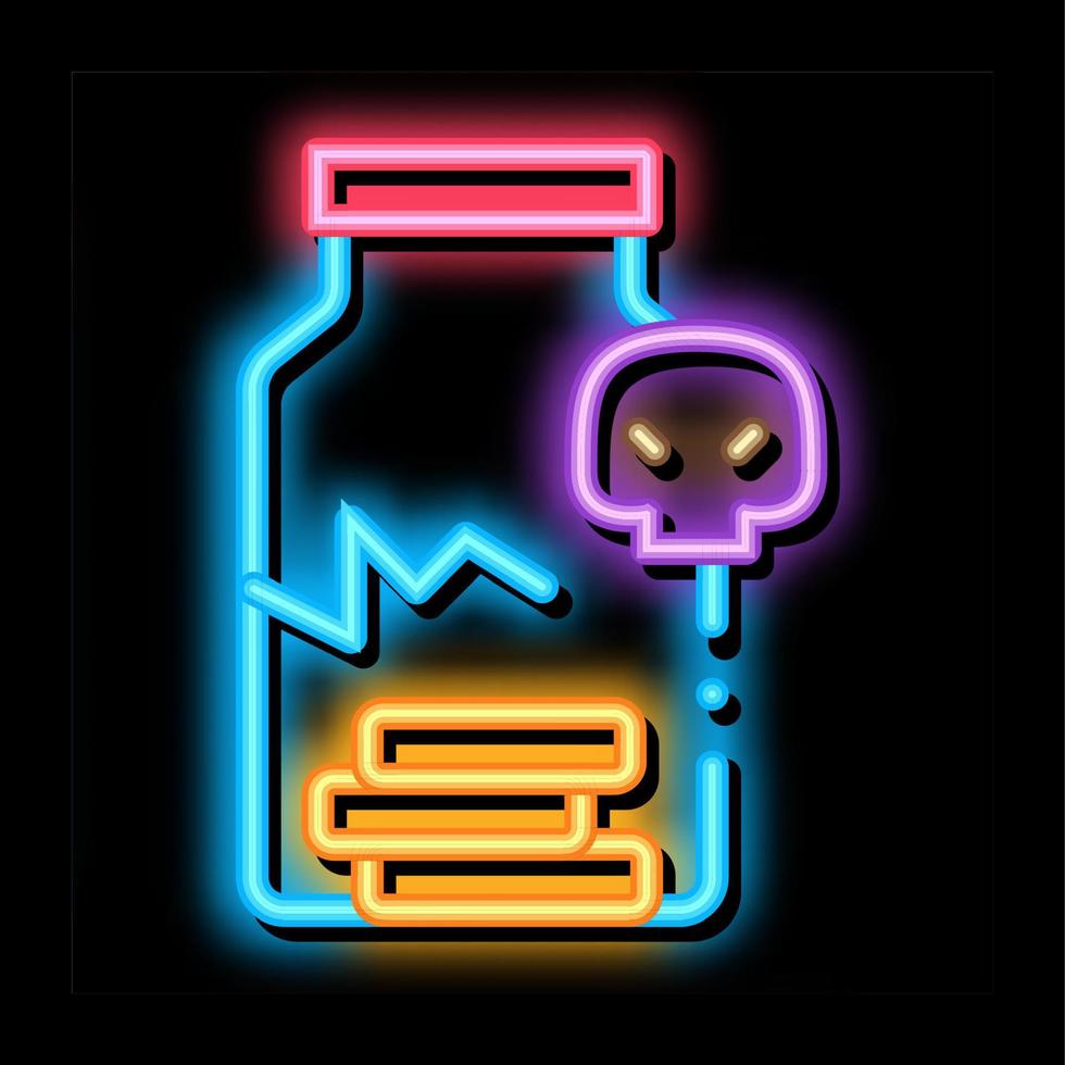 gebarsten fles van pillen neon gloed icoon illustratie vector