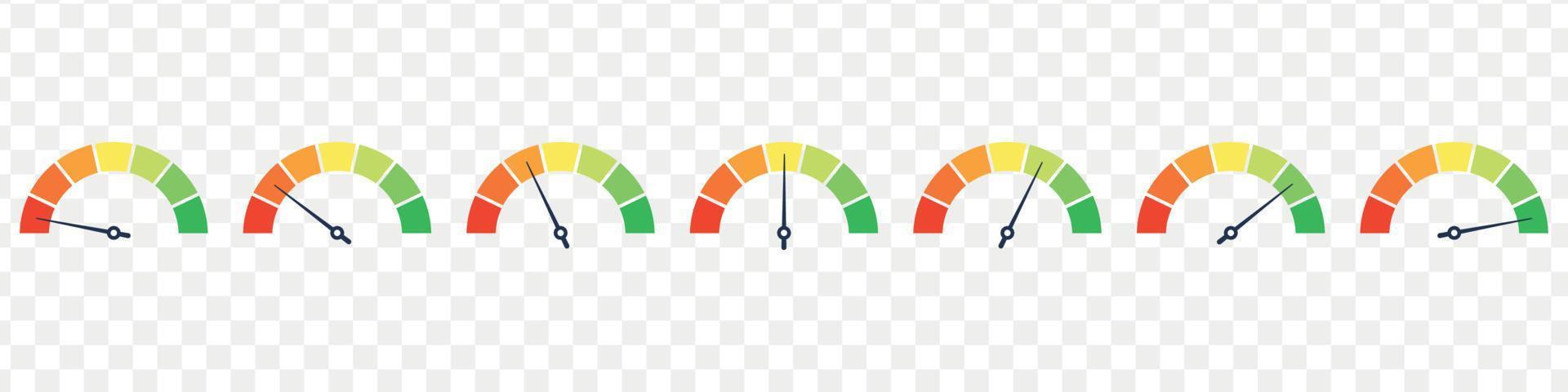 reeks van snelheidsmeter, snelheid wijzerplaat indicator. groen en rood, laag en hoog barometers, slecht en mooi zo niveau of risico schaal. vector geïsoleerd illustratie