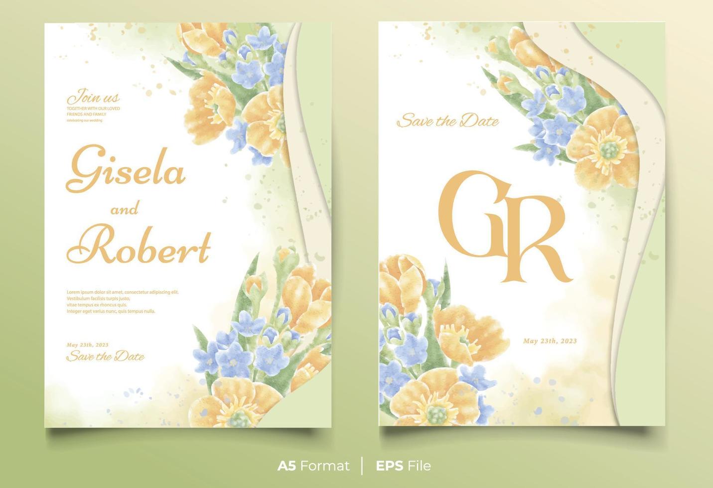 aquarel bruiloft uitnodiging sjabloon met gele en blauwe bloem ornament vector