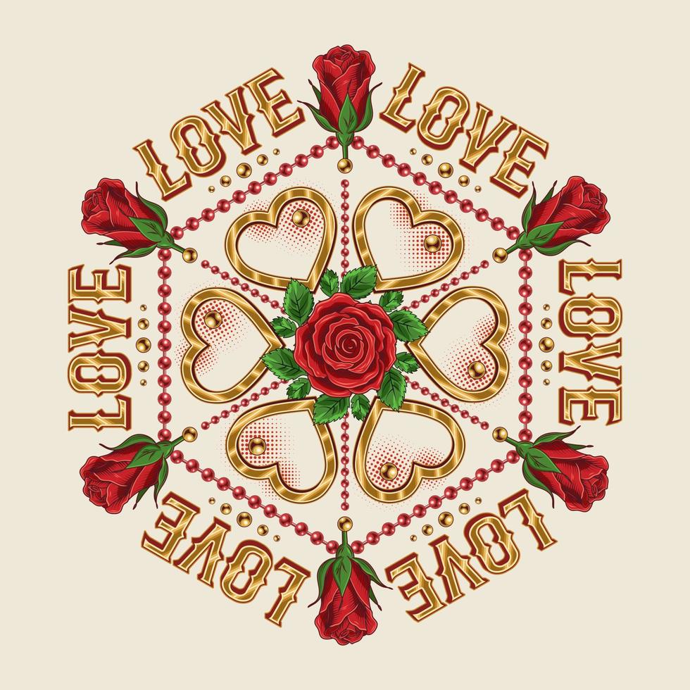 zeshoekig patroon met hart, kralen, tekst liefde. vector ornament voor bruiloft, verloving evenement, valentijnsdag dag, geschenk decoratie