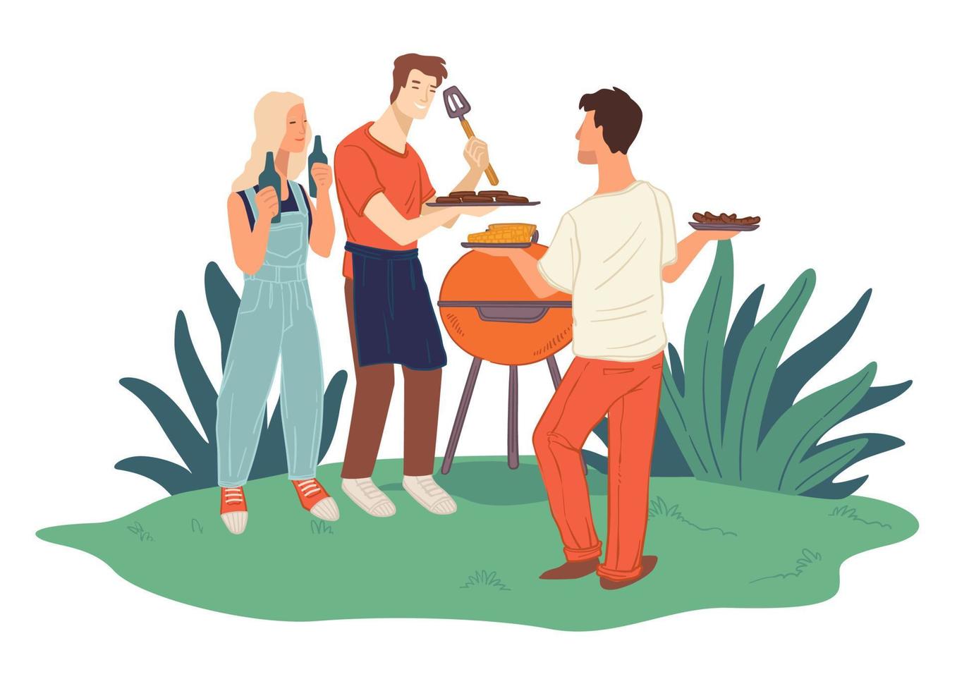 vrienden grillen vlees, barbecue weekends en pret vector