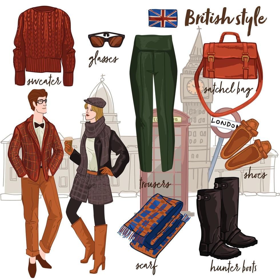 Brits kleren en mode, mannetje en vrouw stijl vector