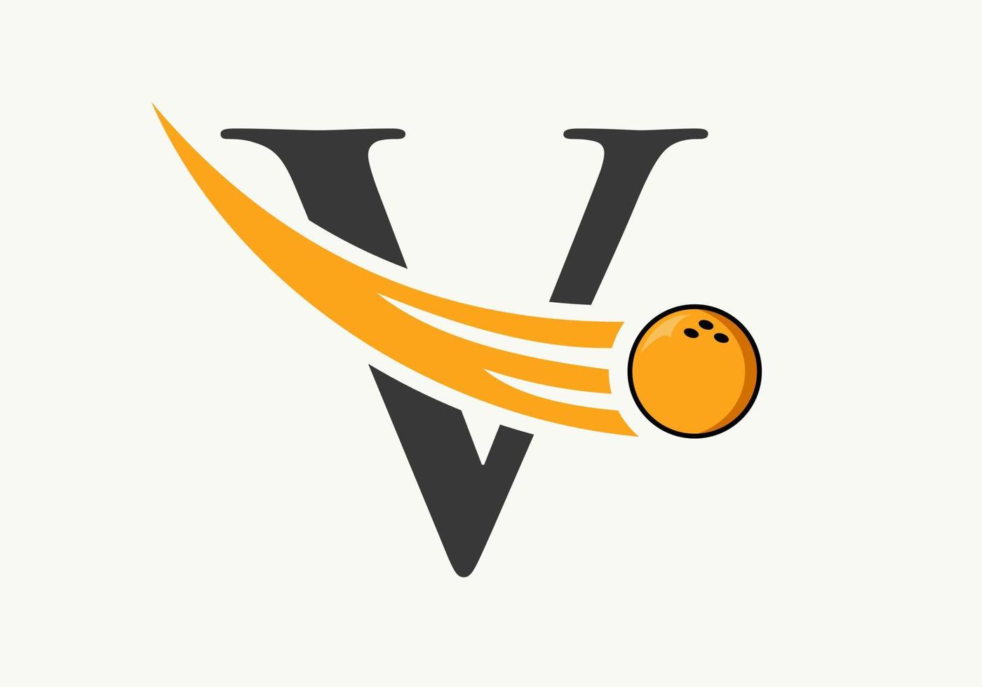 brief v bowling logo. bowling bal symbool met in beweging bal vector sjabloon