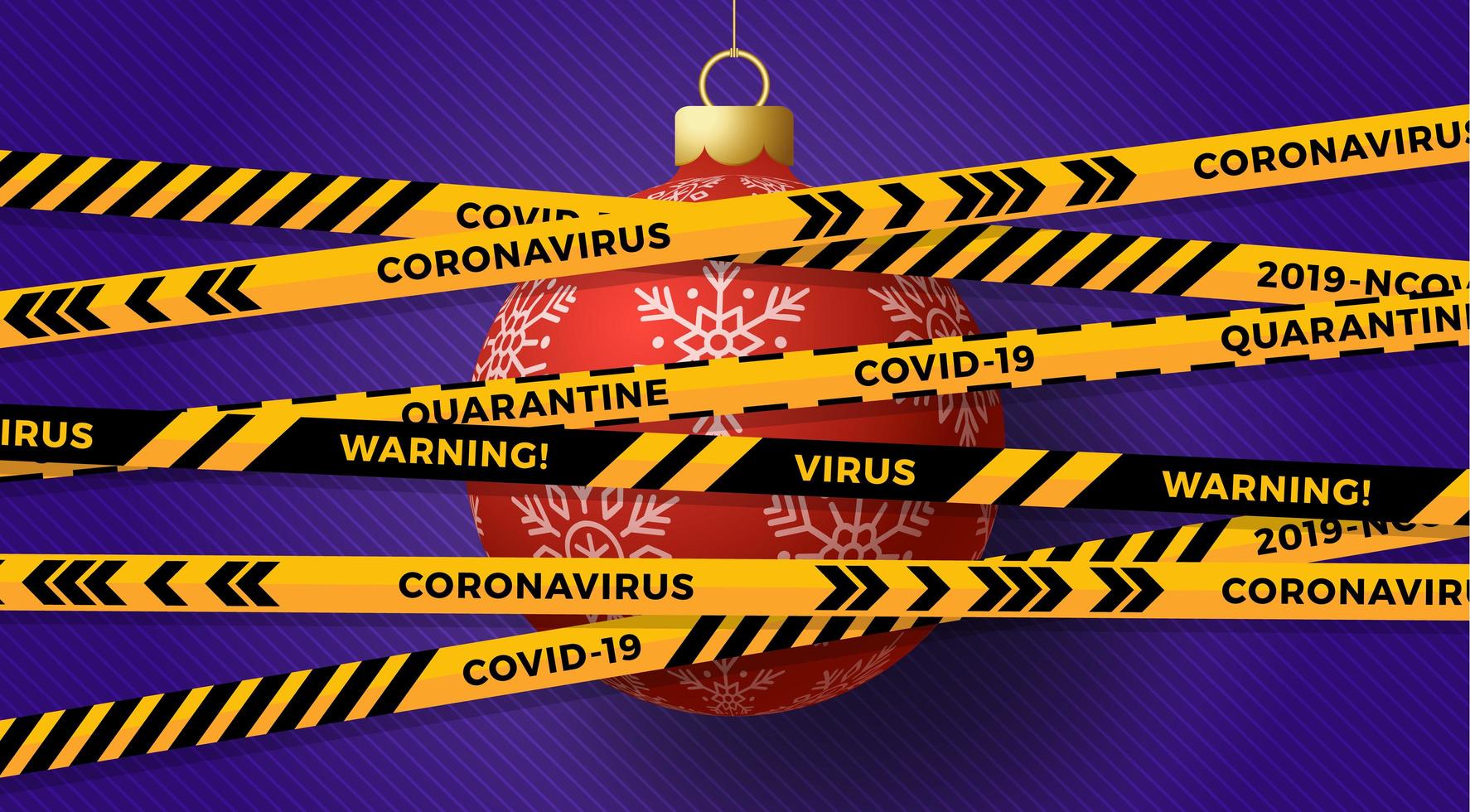 rode kerstbal bedekt met waarschuwingsband voor coronavirus vector
