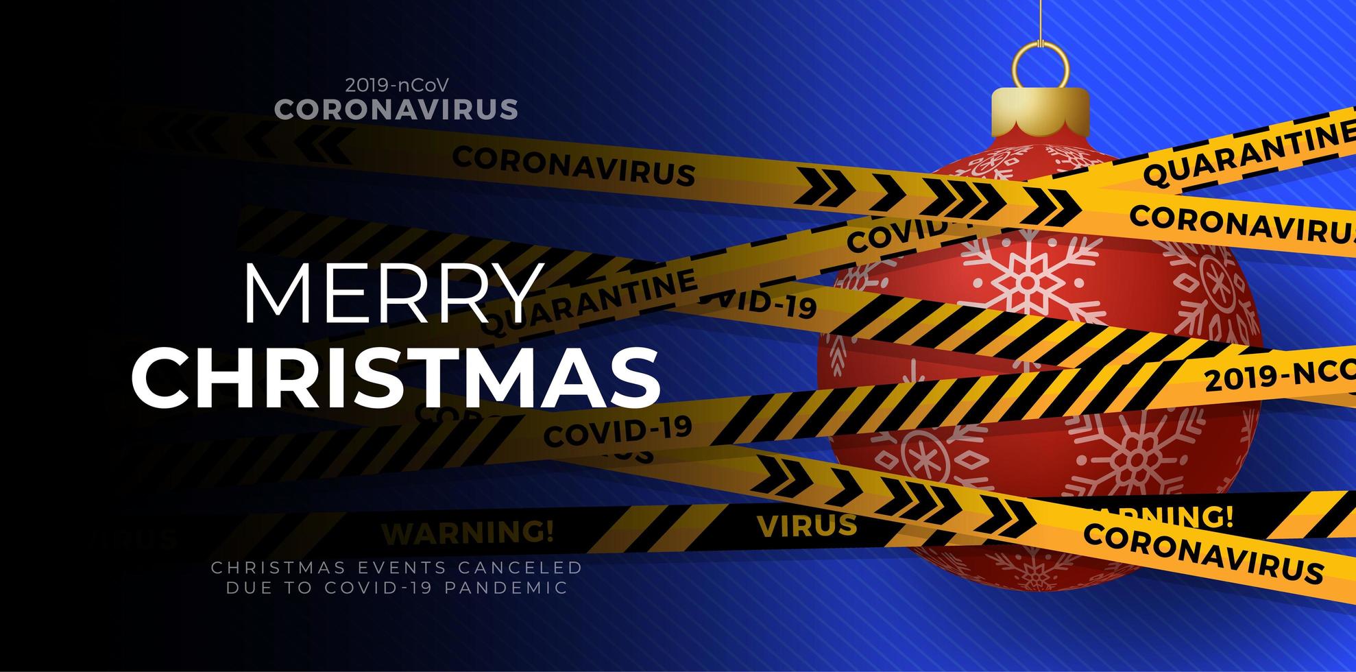 rode kerstbal bedekt met waarschuwingsband voor coronavirus vector
