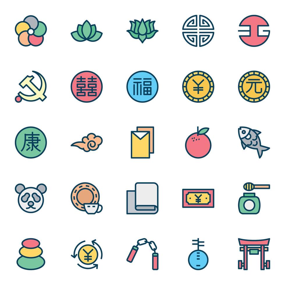 gevulde kleur schets pictogrammen voor Chinese cultuur. vector