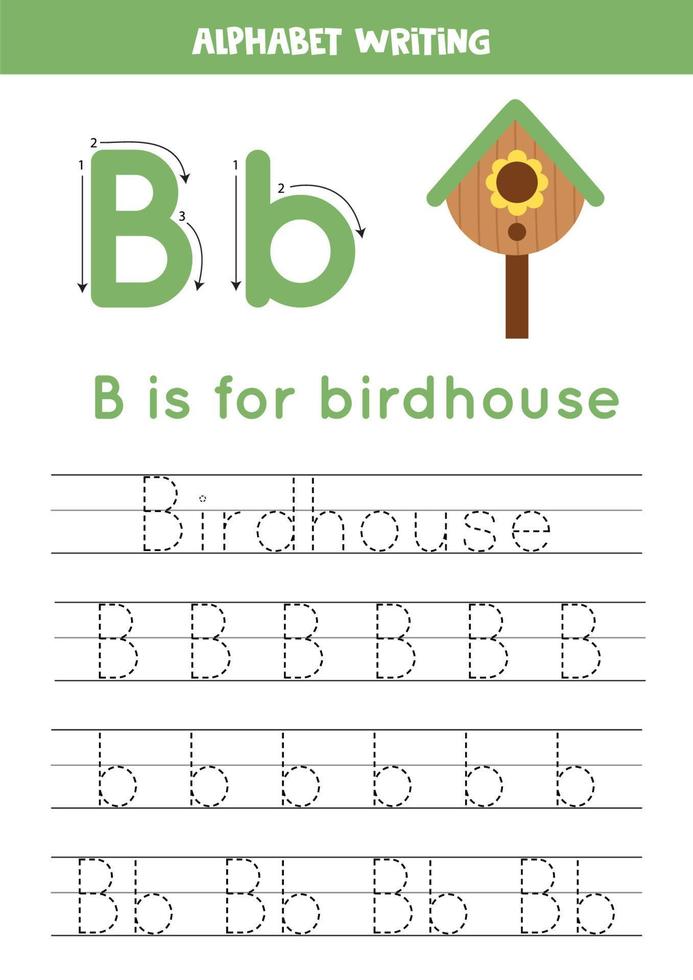 aan het leren naar schrijven brieven voor peuter- kinderen. b is voor vogel huis. vector