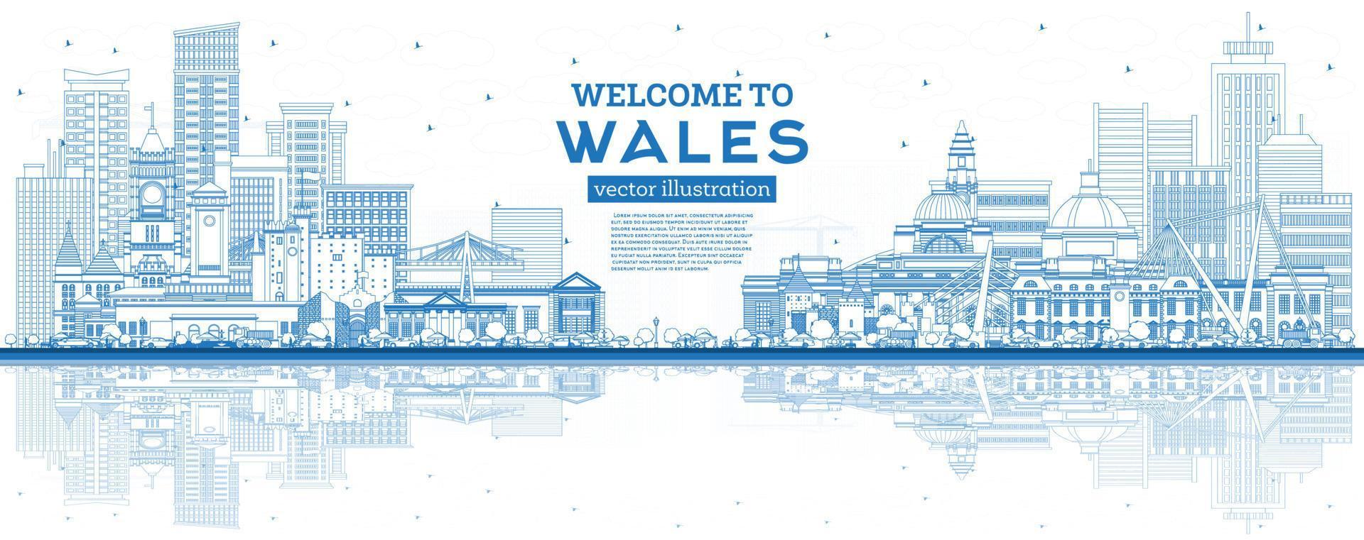 schets Welkom naar Wales stad horizon met blauw gebouwen. vector