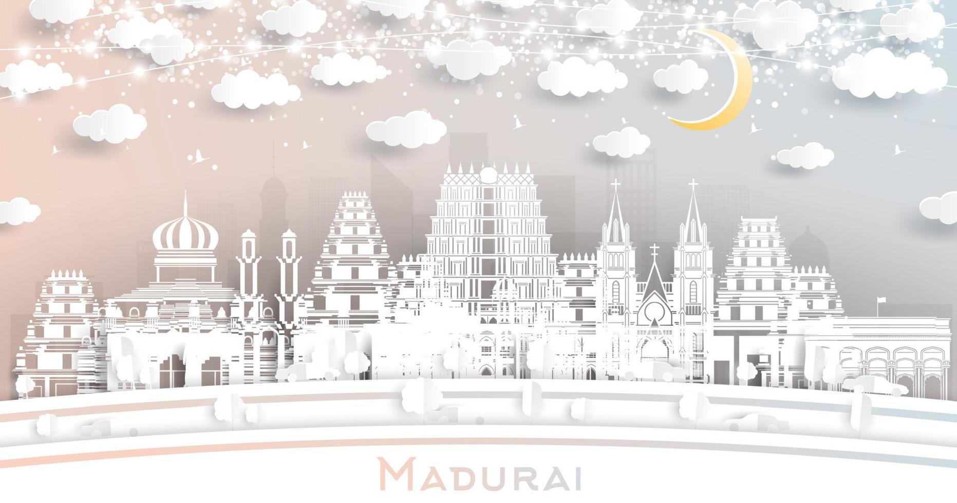 madurai Indië stad horizon in papier besnoeiing stijl met wit gebouwen, maan en neon guirlande. vector