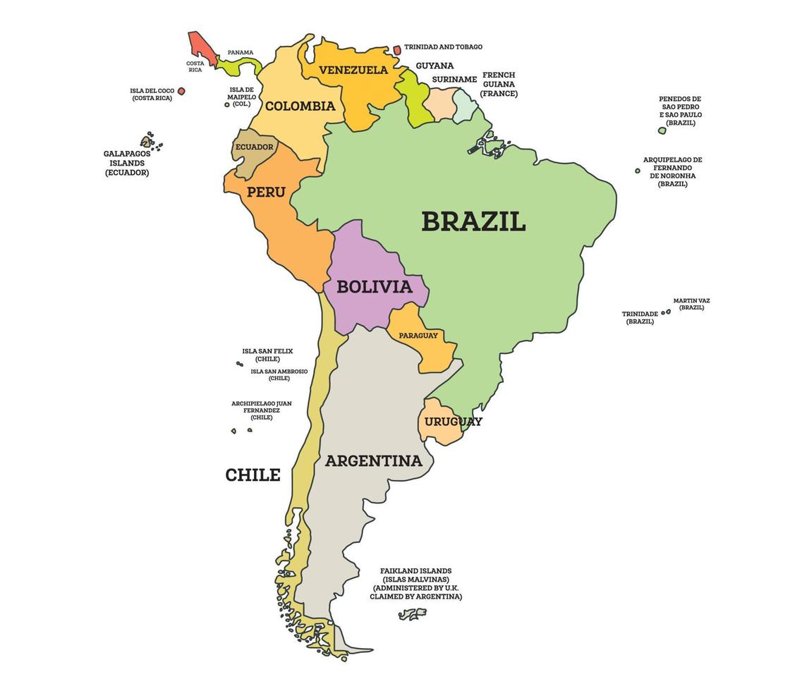 zuiden Amerika politiek kaart. kaart met naam van landen geïsoleerd Aan wit. vector