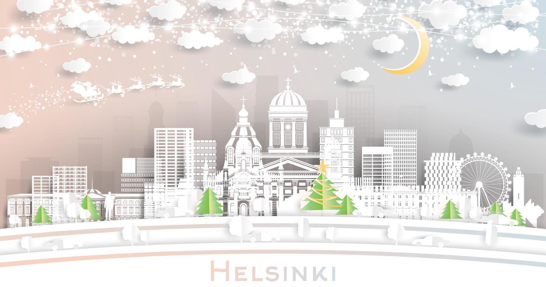 Helsinki Finland stad horizon in papier besnoeiing stijl met sneeuwvlokken, maan en neon guirlande. vector