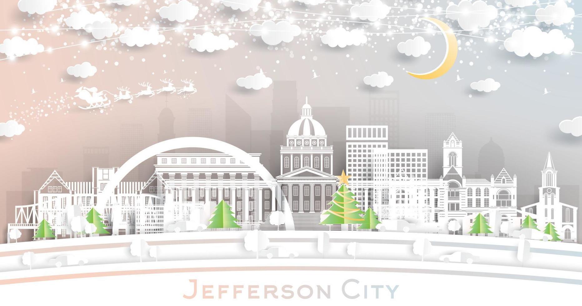 Jefferson stad Missouri horizon in papier besnoeiing stijl met sneeuwvlokken, maan en neon guirlande. vector