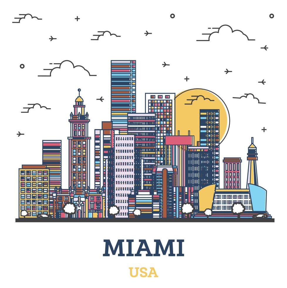 schets Miami Florida stad horizon met gekleurde modern gebouwen geïsoleerd Aan wit. vector