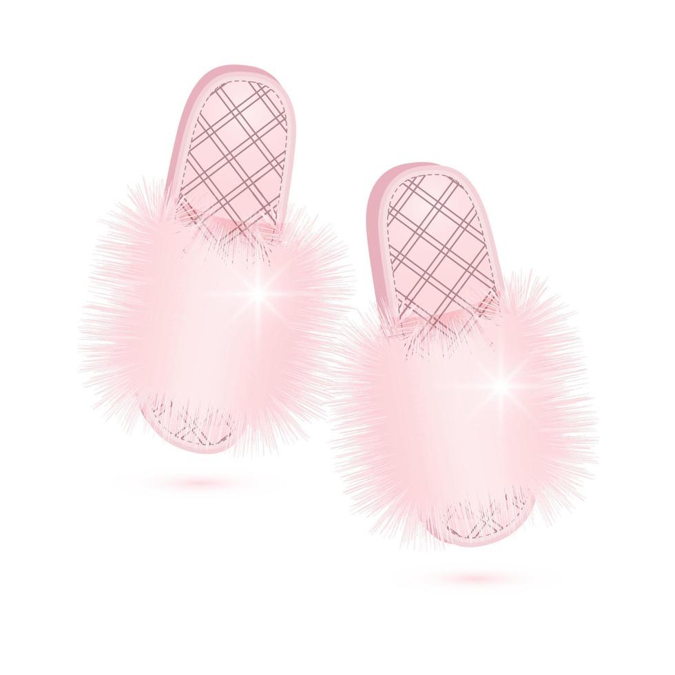 paar- van mode roze vacht slippers geïsoleerd Aan wit. luxe vrouwen schoenen. vector