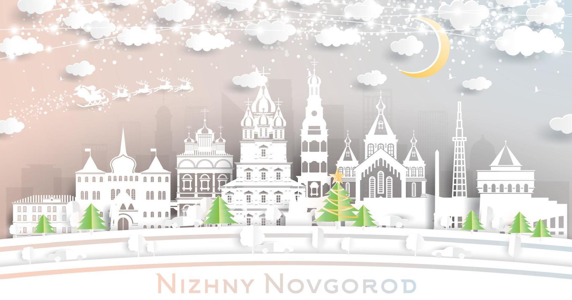 nizjni novgorod Rusland stad horizon in papier besnoeiing stijl met sneeuwvlokken, maan en neon guirlande. vector