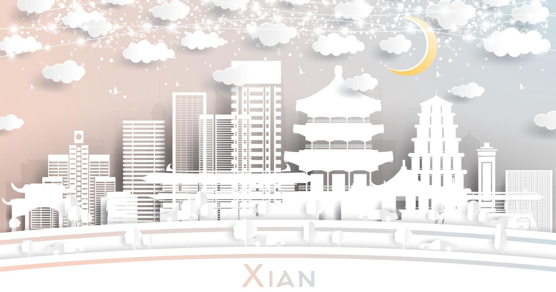 xian China stad horizon in papier besnoeiing stijl met wit gebouwen, maan en neon guirlande. vector