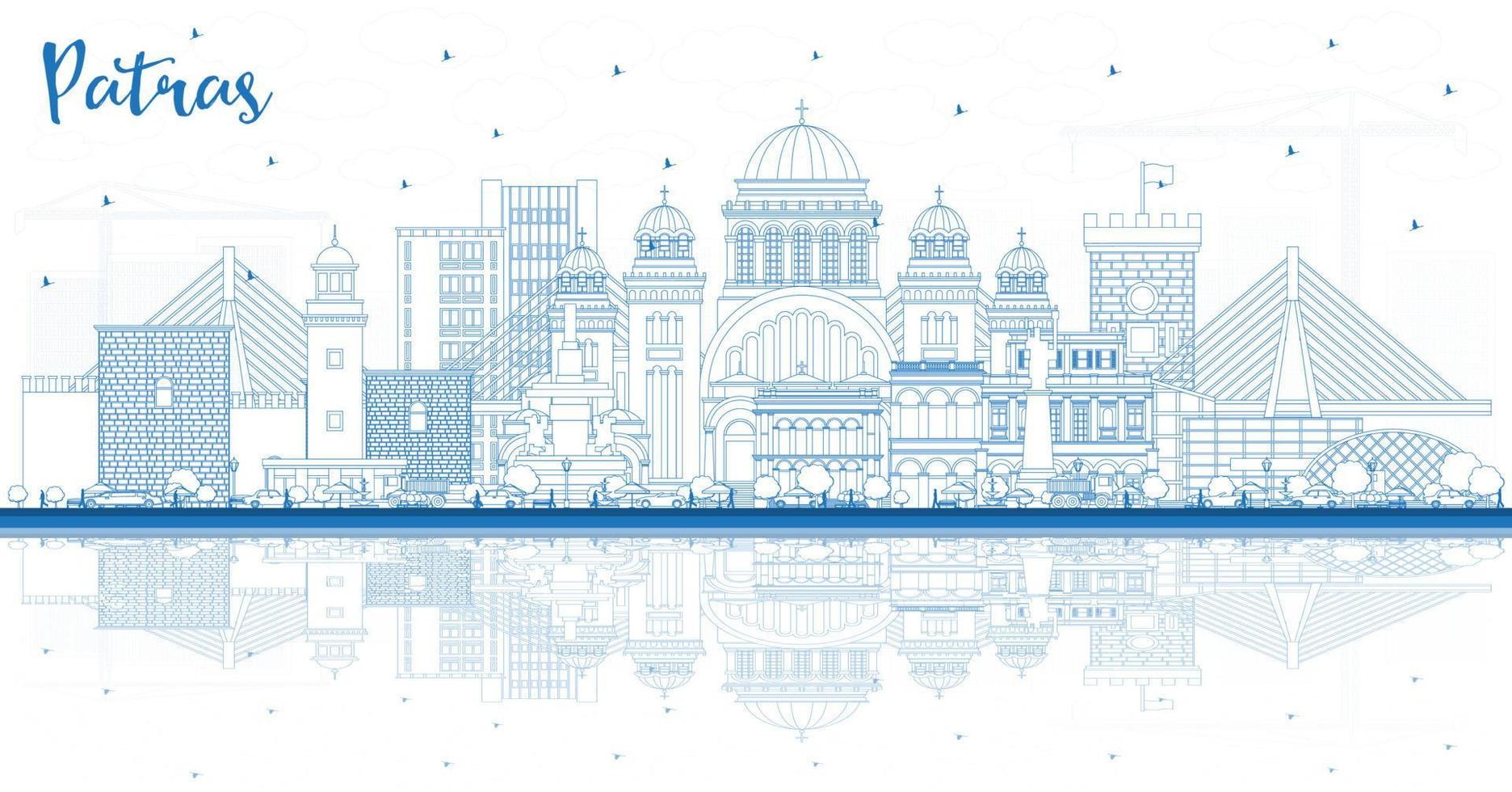 schets patras Griekenland stad horizon met blauw gebouwen en reflecties. vector