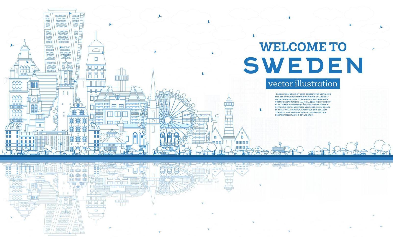 Welkom naar Zweden. schets stad horizon met blauw gebouwen en reflecties. vector