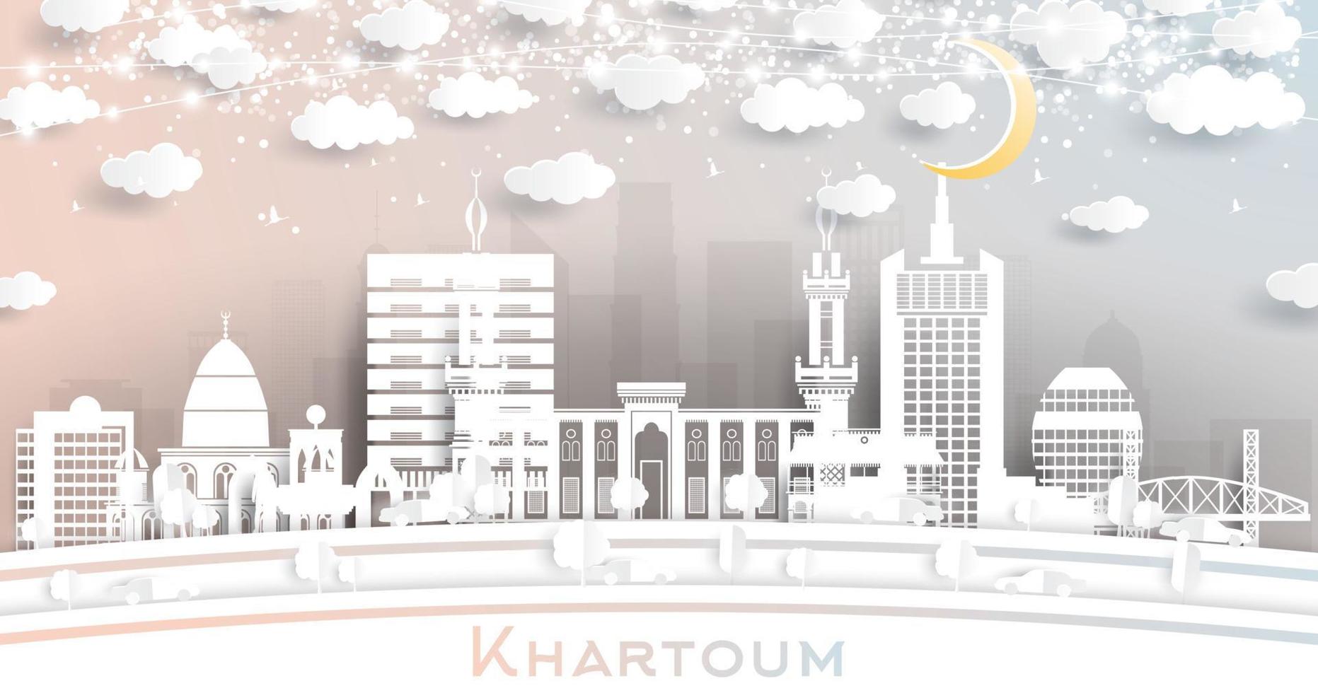 Khartoum Soedan stad horizon in papier besnoeiing stijl met wit gebouwen, maan en neon guirlande. vector