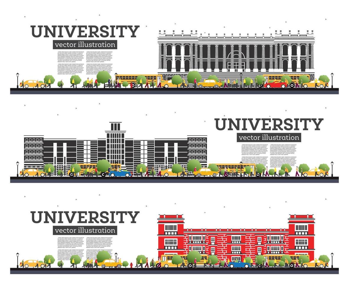 Universiteit campus set. studie banners geïsoleerd Aan wit. studenten Gaan naar de hoofd gebouw van Universiteit. vector