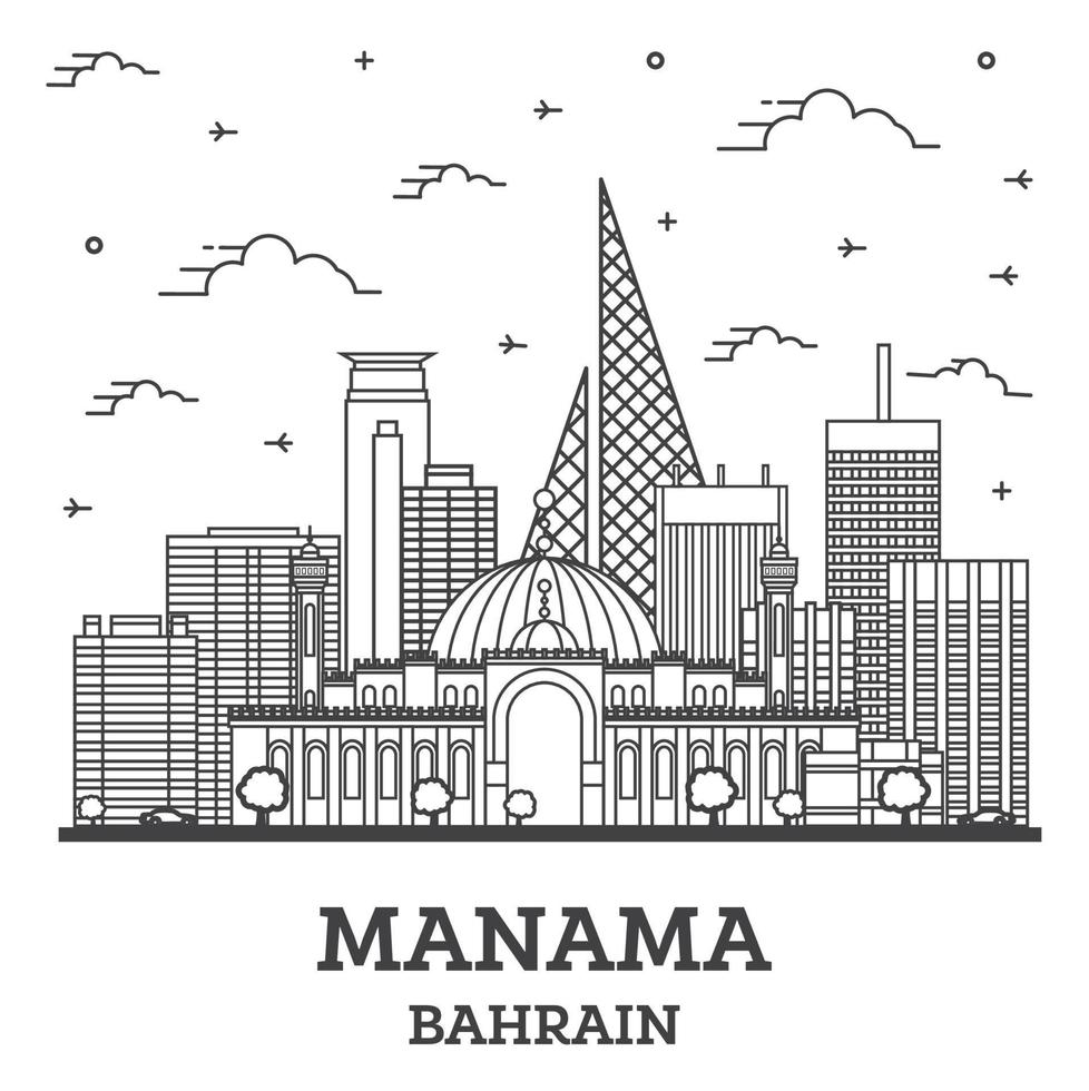 schets manama Bahrein stad horizon met modern gebouwen geïsoleerd Aan wit. vector