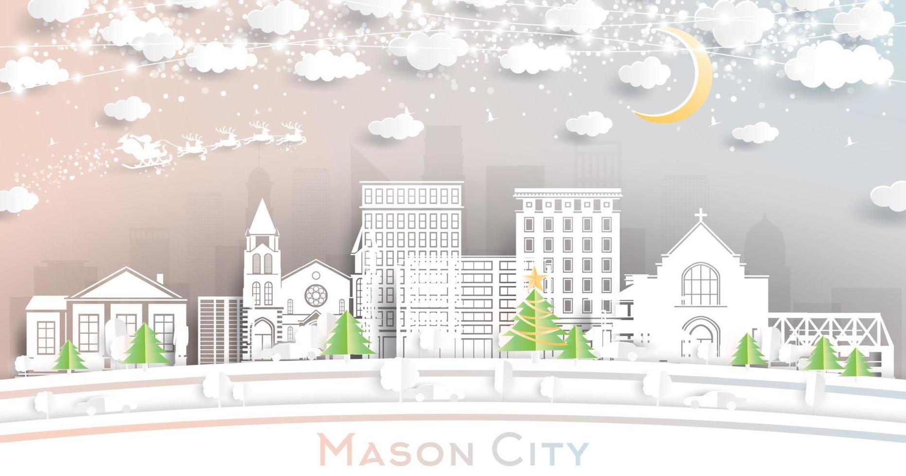 metselaar stad Iowa stad horizon in papier besnoeiing stijl met sneeuwvlokken, maan en neon guirlande. vector
