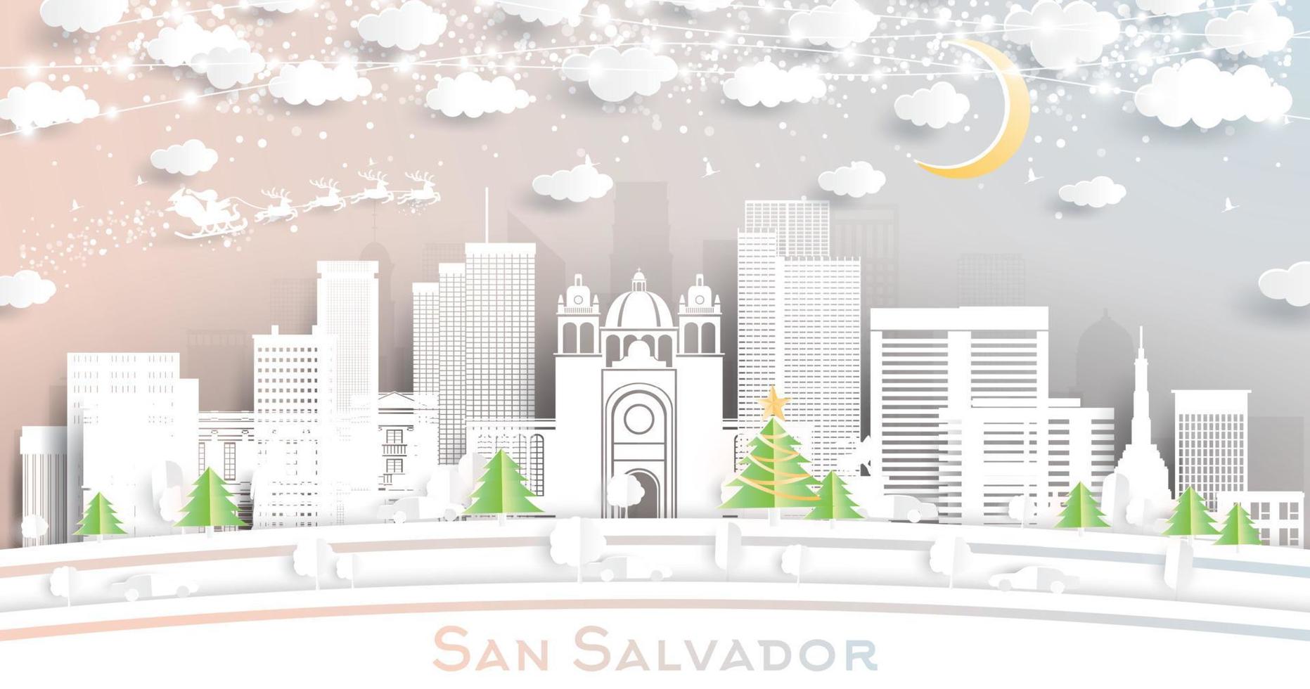 san Salvador stad horizon in papier besnoeiing stijl met sneeuwvlokken, maan en neon guirlande. vector