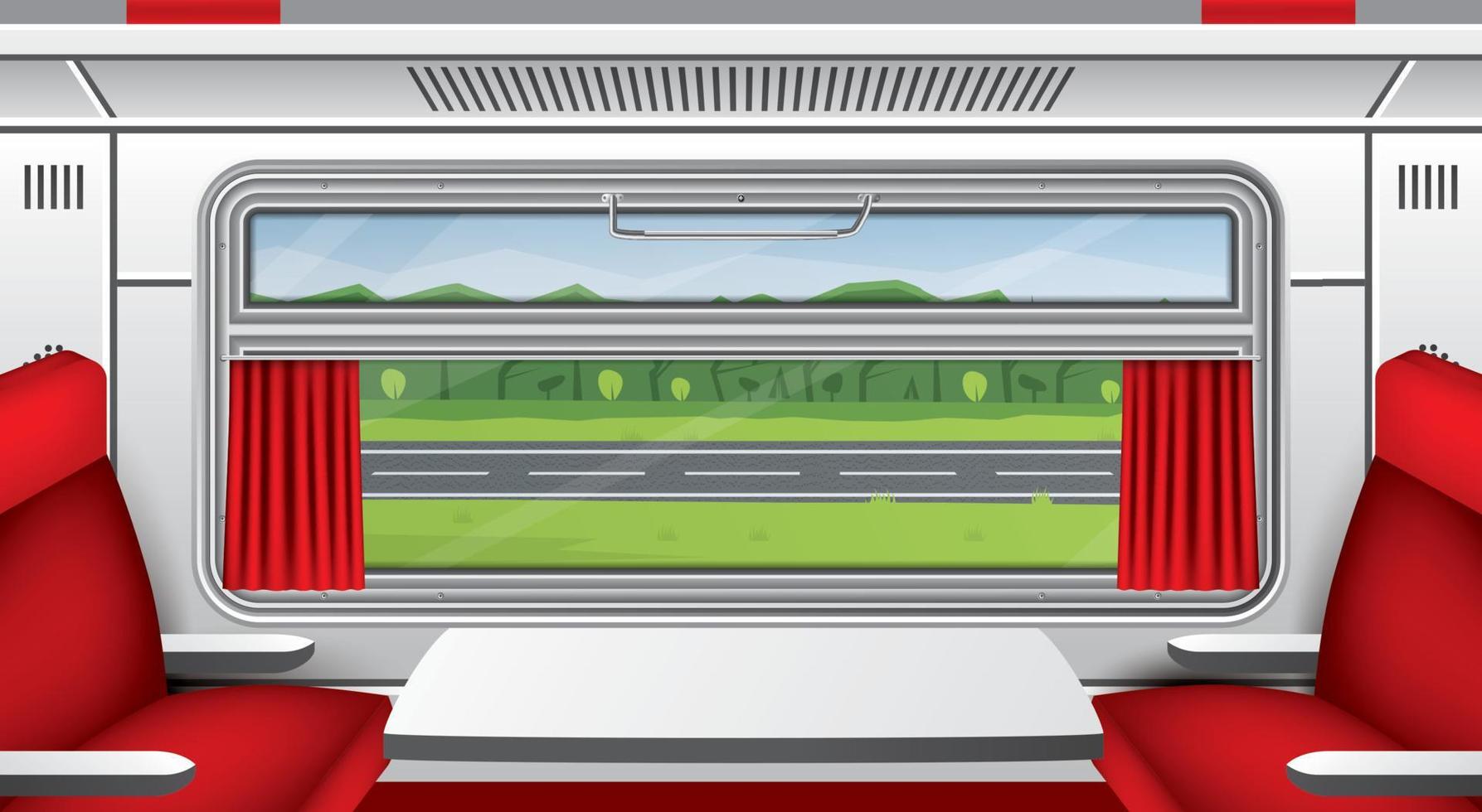 interieur van trein wagon met venster, rood gordijnen en stoelen met tafel. weg met bomen. trein reizen. comfortabel reis. vector