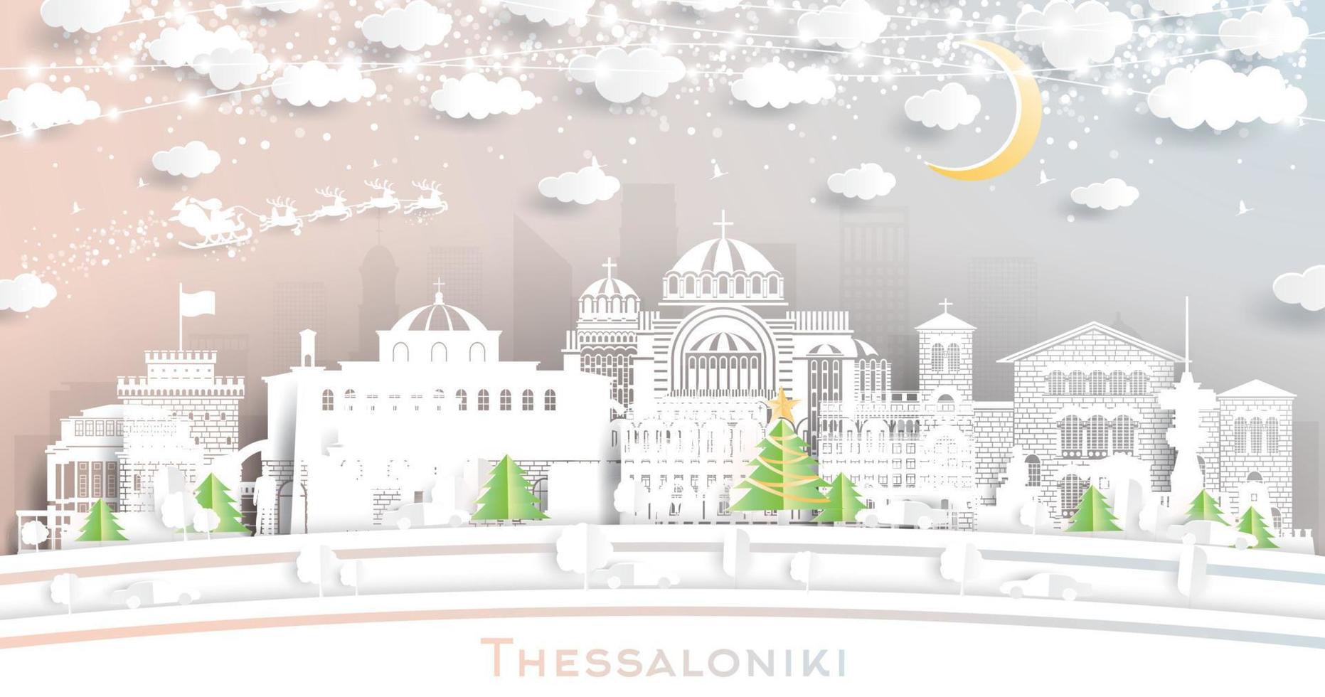 thessaloniki Griekenland. winter stad horizon in papier besnoeiing stijl met sneeuwvlokken, maan en neon guirlande. vector