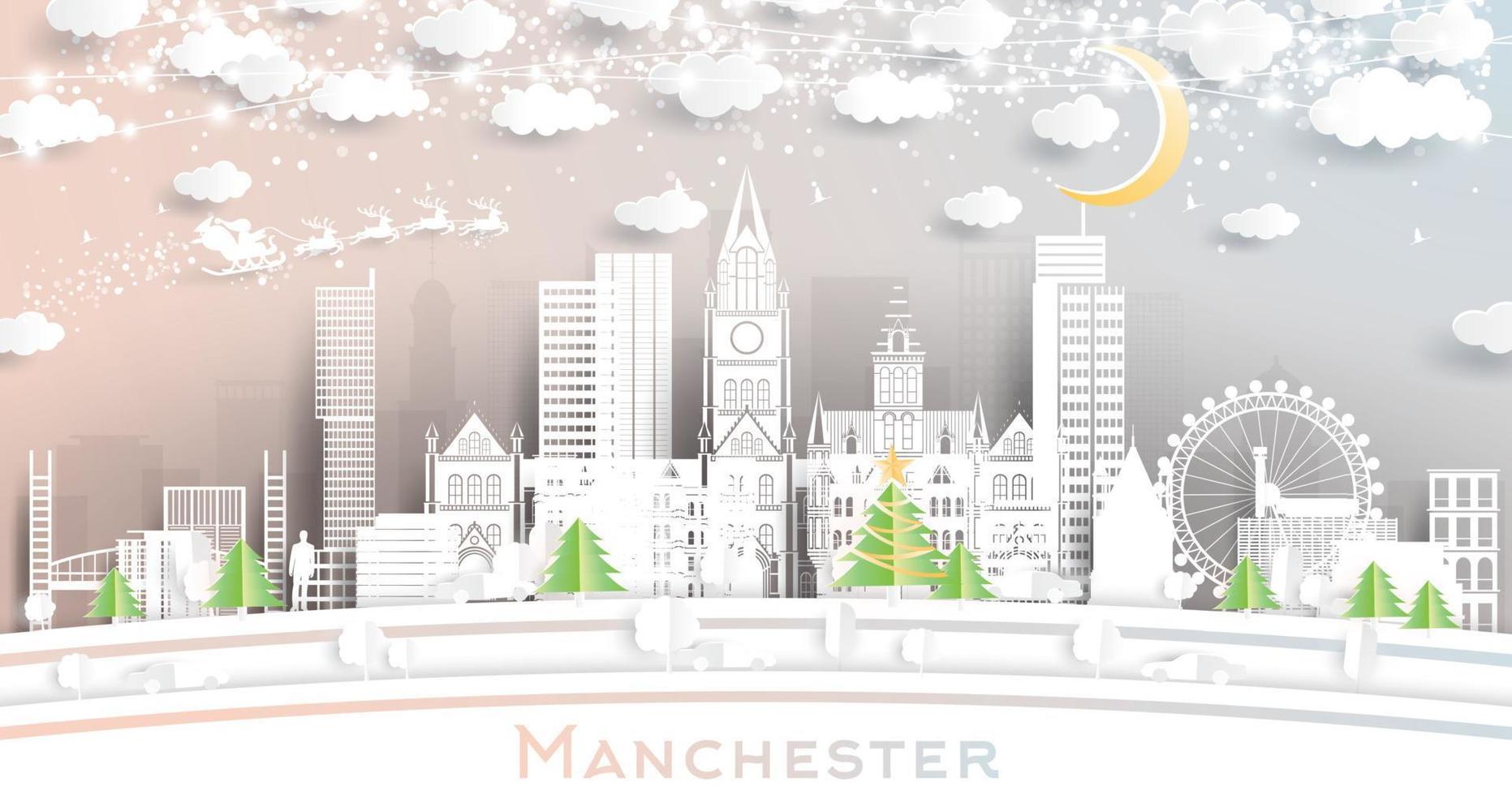 Manchester uk stad horizon in papier besnoeiing stijl met sneeuwvlokken, maan en neon guirlande. vector