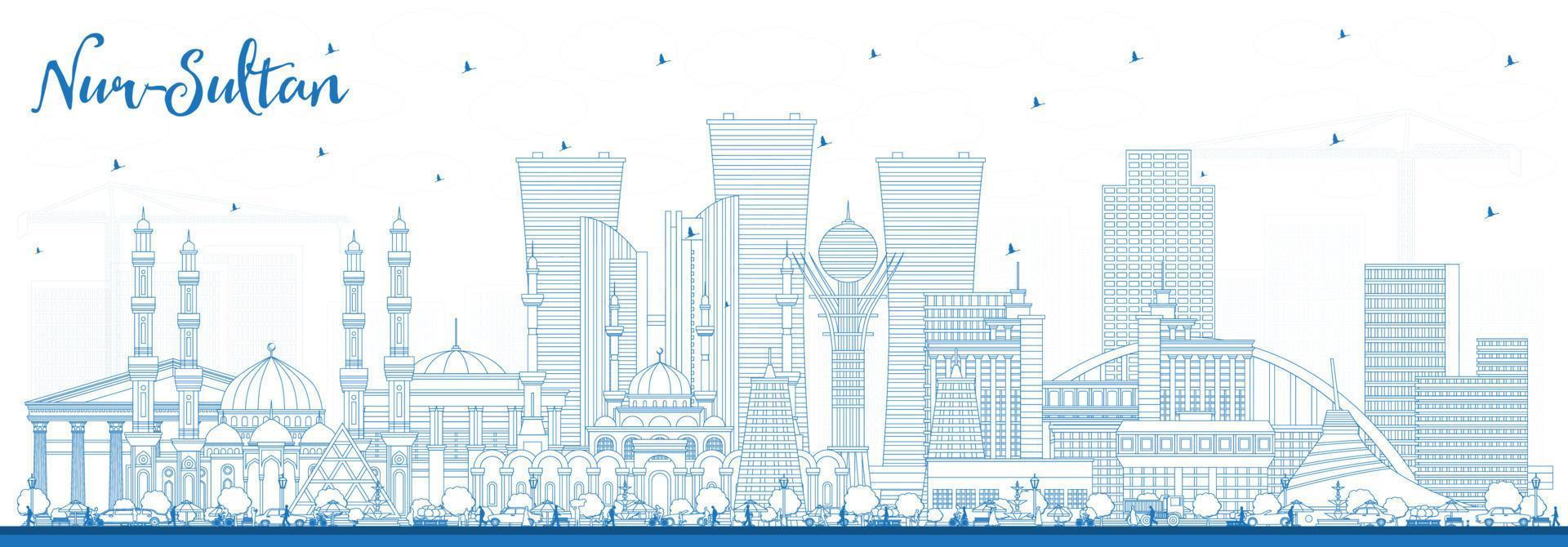 schets nur-sultan Kazachstan stad horizon met blauw gebouwen. vector