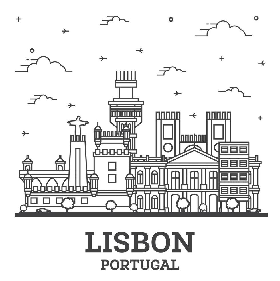 schets Lissabon Portugal stad horizon met historisch gebouwen geïsoleerd Aan wit. vector