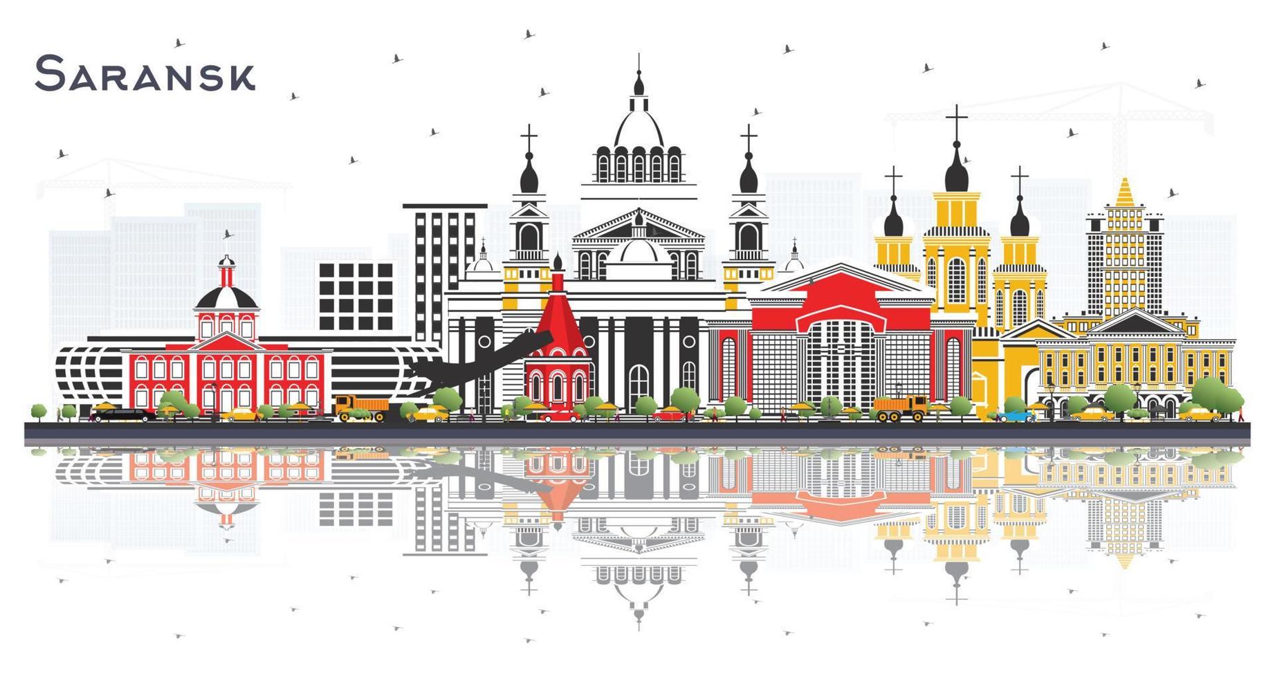 saransk Rusland stad horizon met kleur gebouwen en reflecties geïsoleerd Aan wit. vector