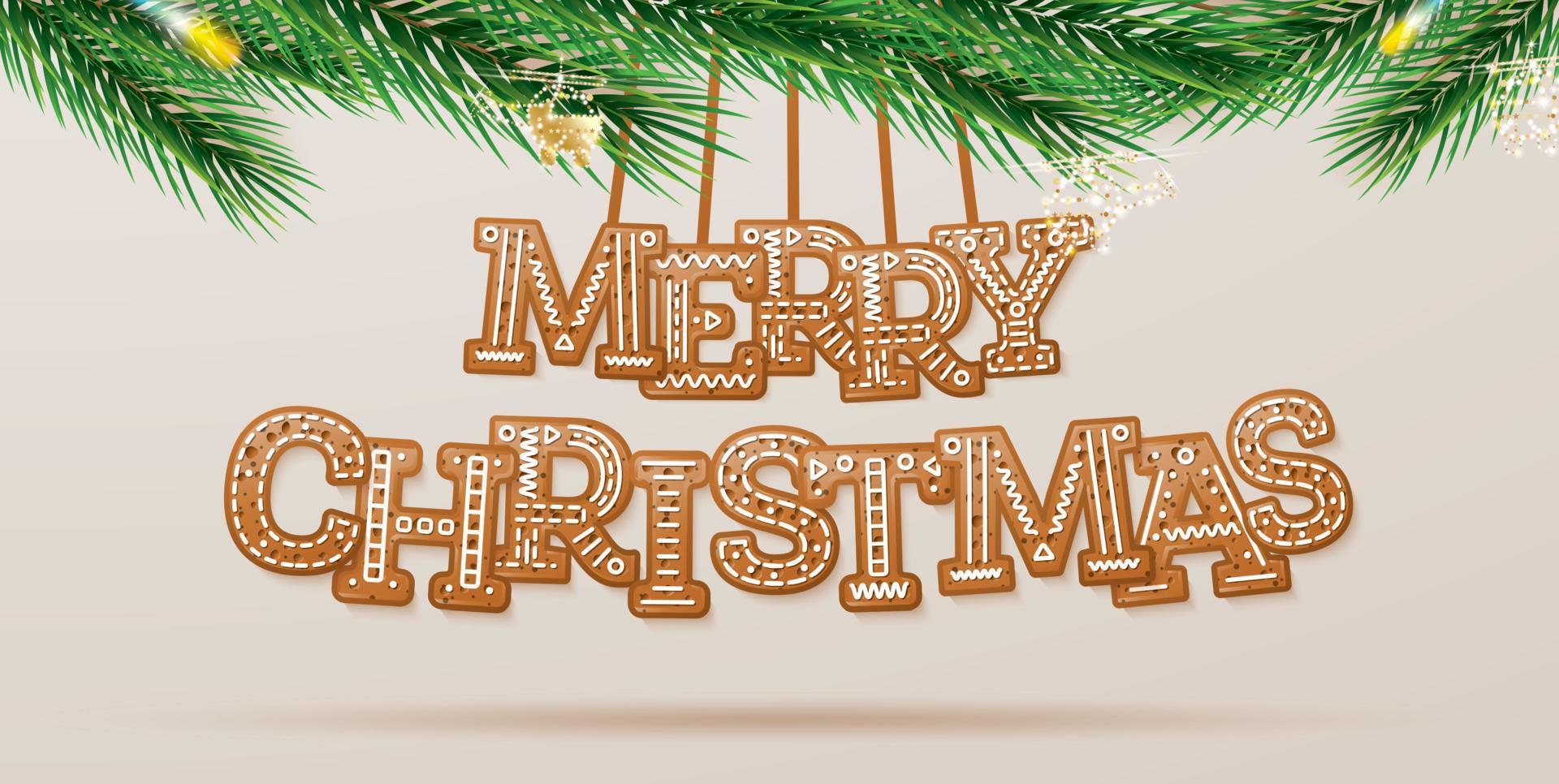 vrolijk kerstmis. groet kaart met geglazuurd tekst in koekje stijl en groen Spar Afdeling. vector