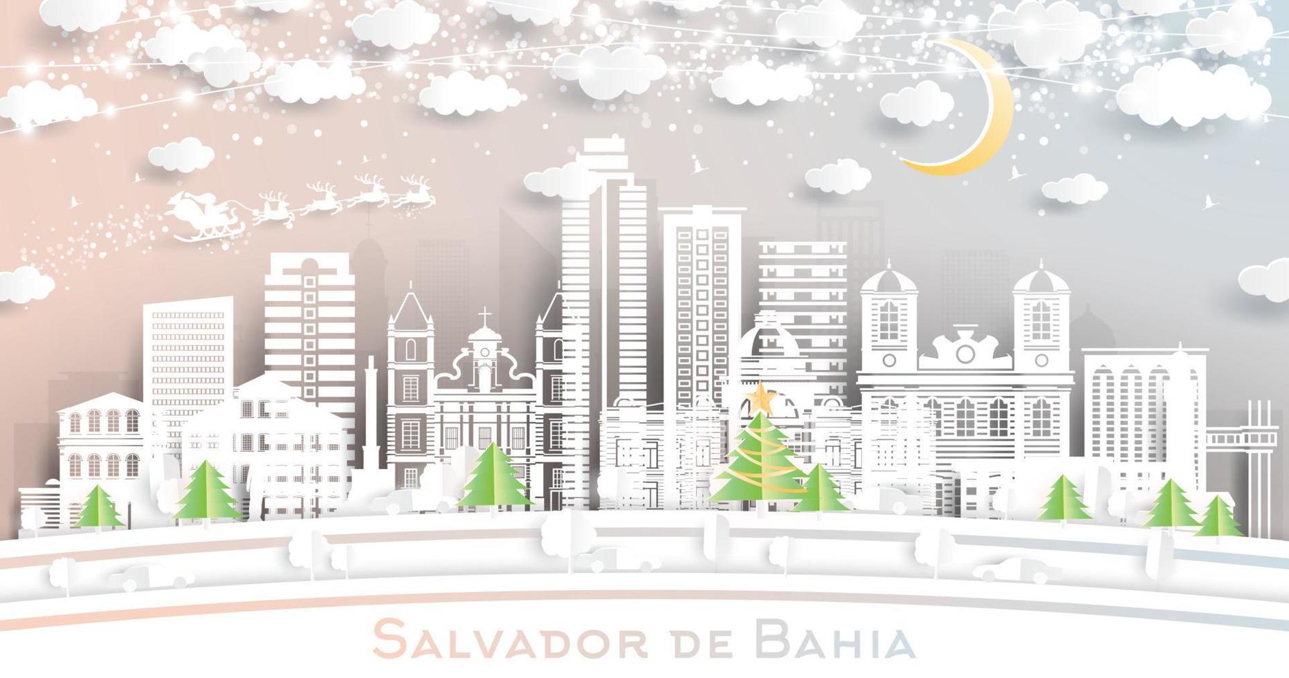 Salvador de Bahia Brazilië stad horizon in papier besnoeiing stijl met sneeuwvlokken, maan en neon guirlande. vector