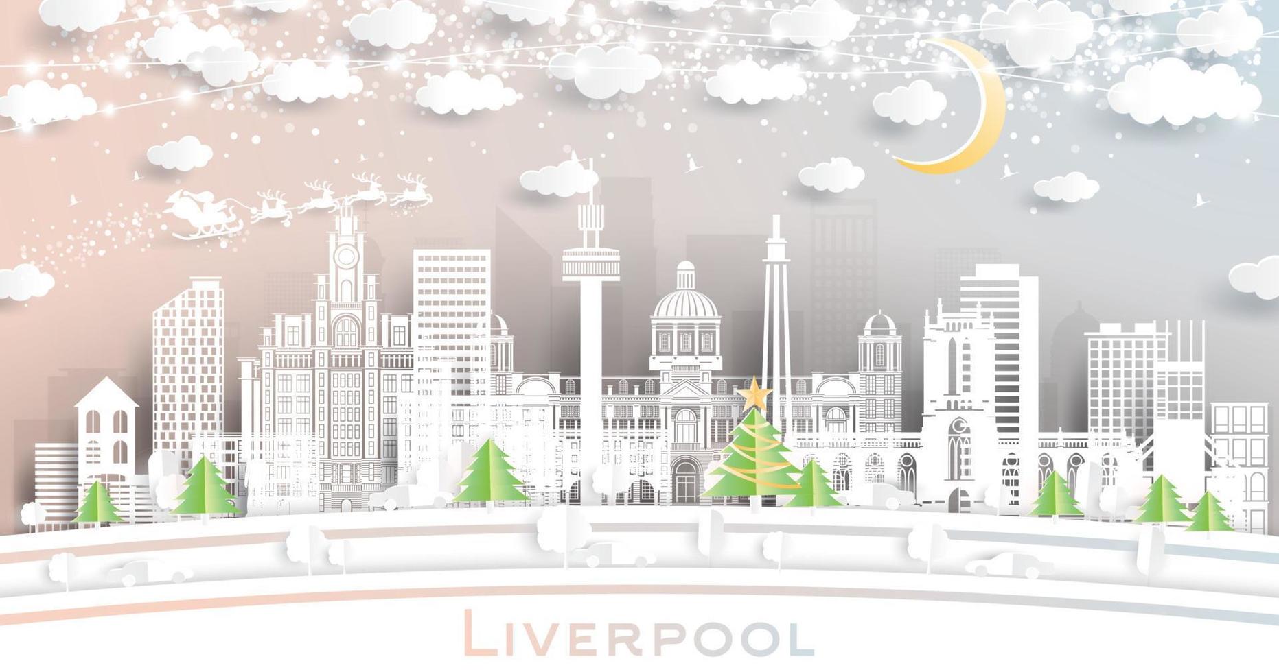 Liverpool uk stad horizon in papier besnoeiing stijl met sneeuwvlokken, maan en neon guirlande. vector