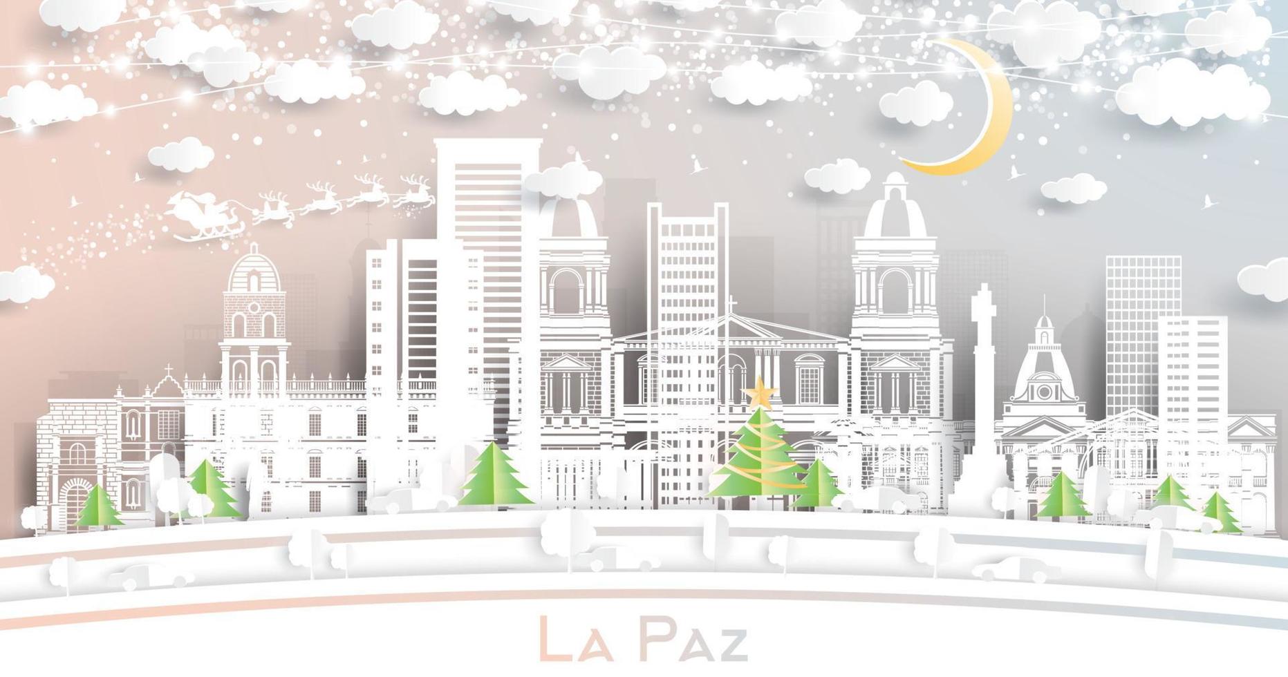 la paz Bolivia stad horizon in papier besnoeiing stijl met sneeuwvlokken, maan en neon guirlande. vector