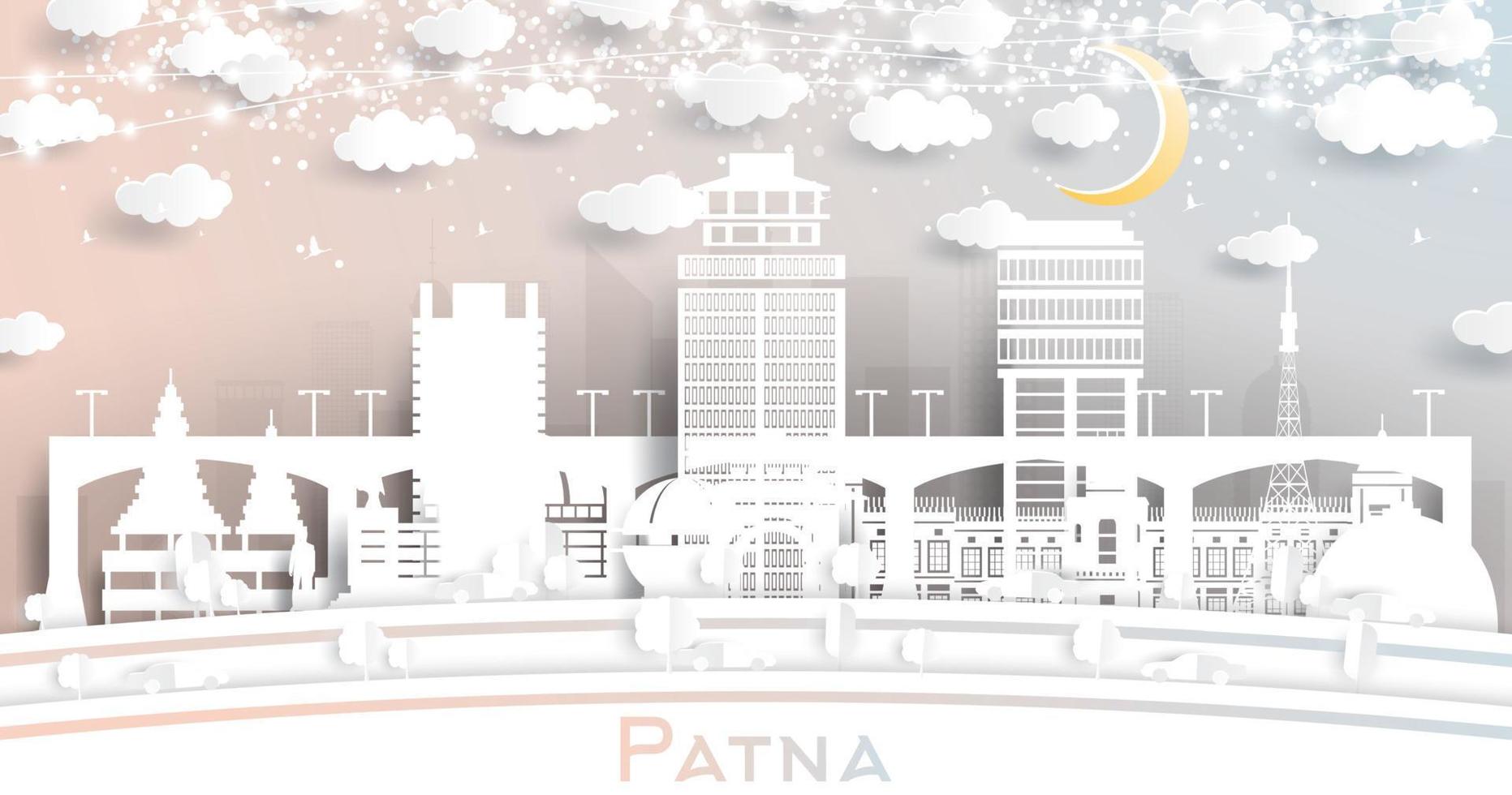 patna Indië stad horizon in papier besnoeiing stijl met wit gebouwen, maan en neon guirlande. vector