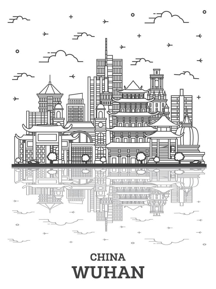 schets wuhan China stad horizon met modern gebouwen en reflecties geïsoleerd Aan wit. vector