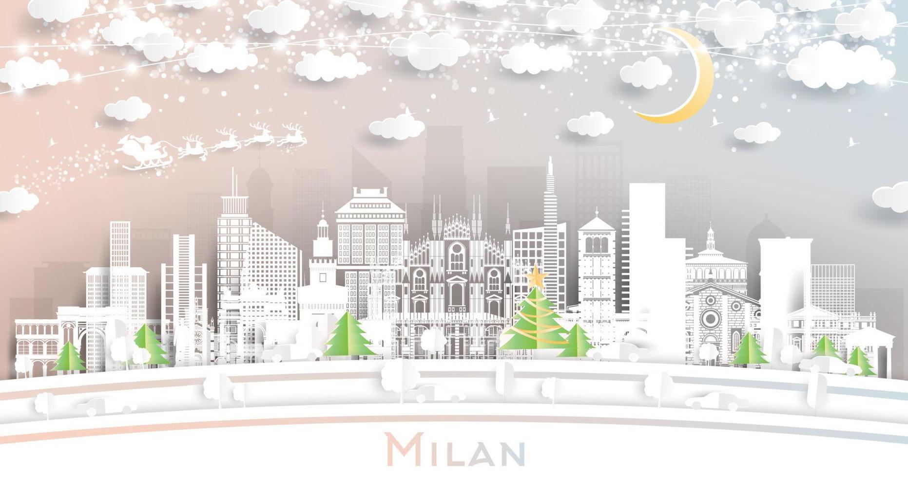 Milaan Italië stad horizon in papier besnoeiing stijl met sneeuwvlokken, maan en neon guirlande. vector