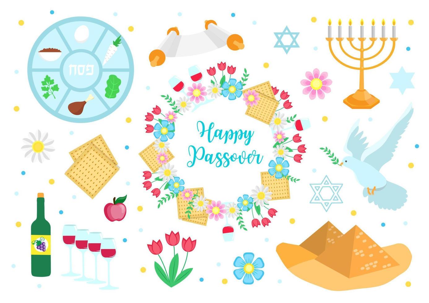 Joods vakantie Pascha banier ontwerp met seder bord, bloemen decoratie, matse. vector illustratie