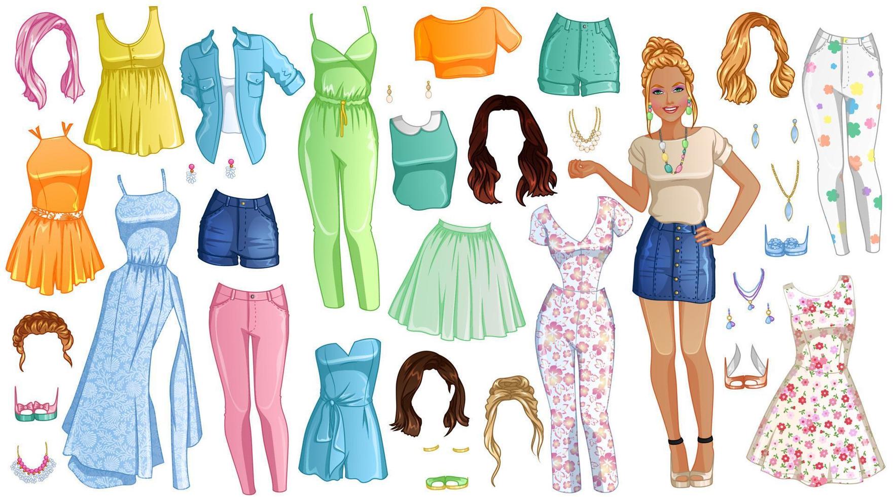 voorjaar tijd papier pop met mooi dame, outfits, kapsels en accessoires. vector illustratie