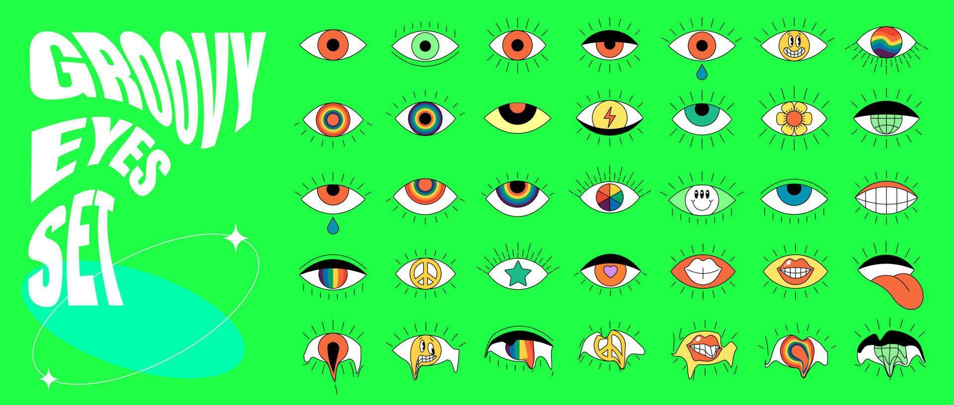 retro groovy ogen set. psychedelisch hippie oog verzameling. wijnoogst hippie gek divers leerling sticker pak. abstract jaren 60, jaren 70, 80s modieus stijl y2k vector eps illustratie