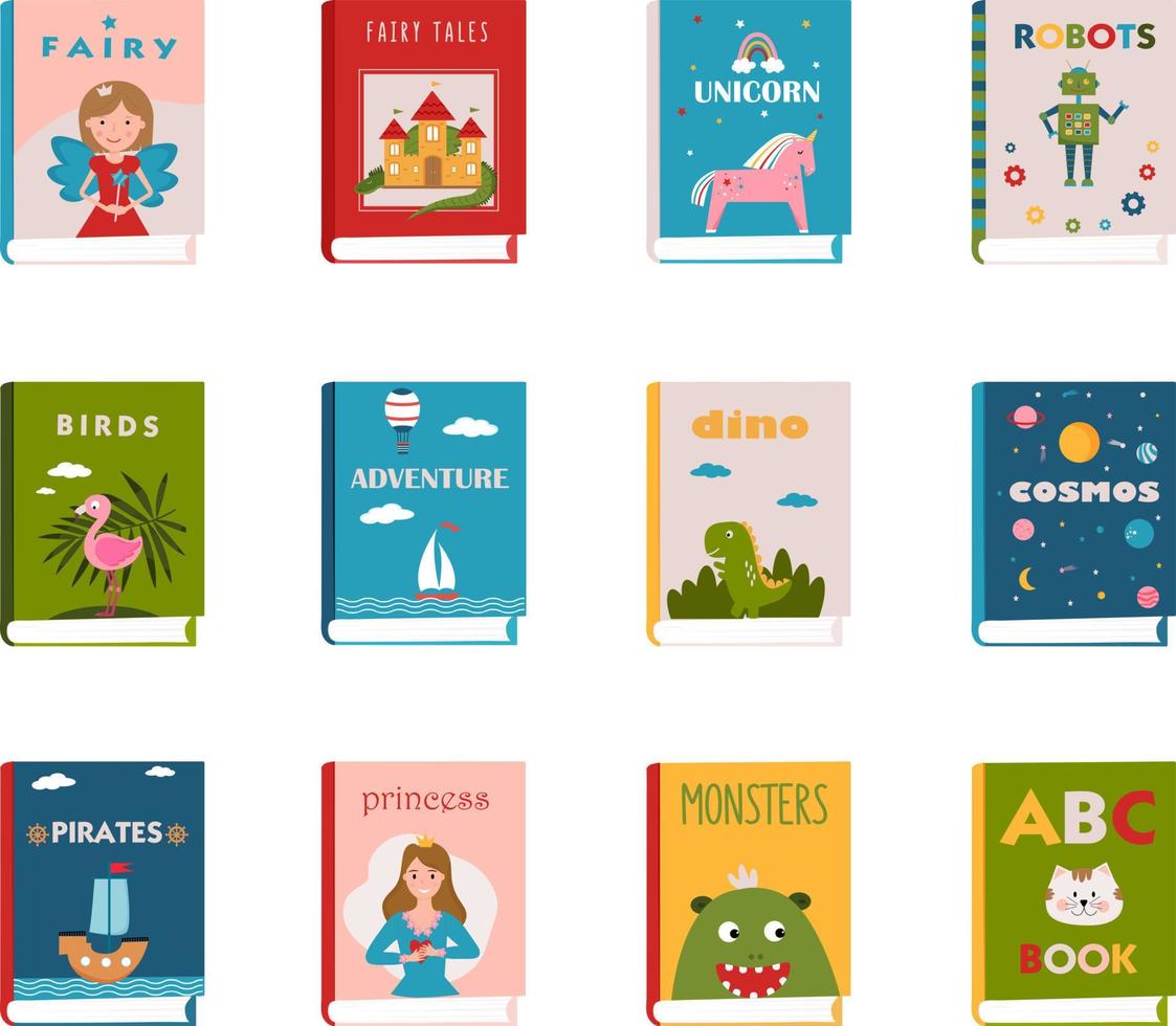 kinderen boeken set. geïllustreerd covers van boeken. literatuur voor kinderen. kinderen lezing. kleurrijk boeken dekt. voorkant visie van boeken. vector illustratie voor bibliotheek, boekhandel, eerlijk, festival.